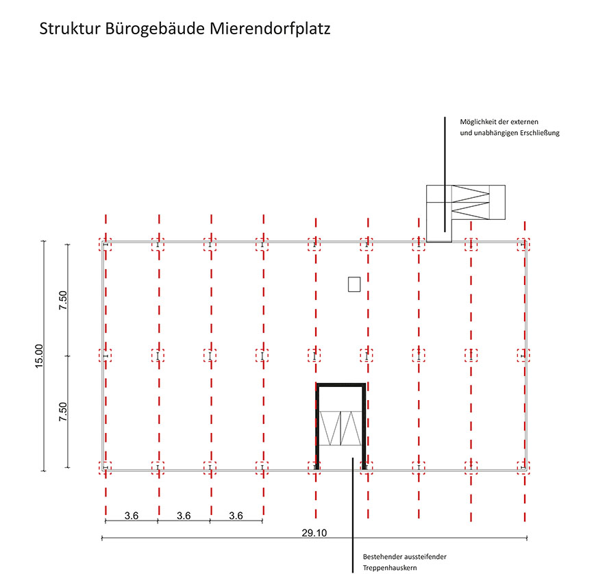 Baukonstruktive Einschätzung Gebäudeteil Bürogebäude, Prinzipgrundriss mit tragenden Wänden. (c) ROOF WATER-FARM, Grafik: Architekturbüro Freiwald